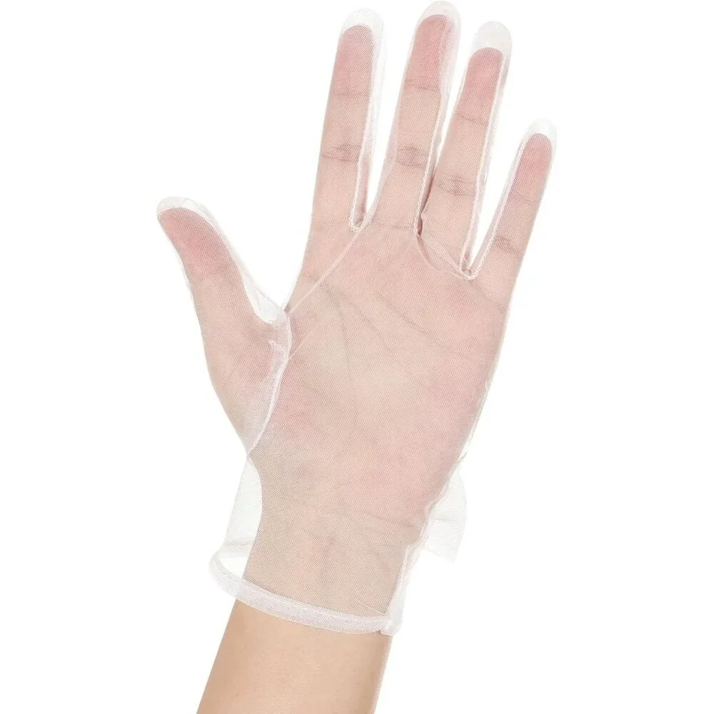 Women's White Evening Sheer Tulle Short Length Gloves Wrist Tea Party Prom